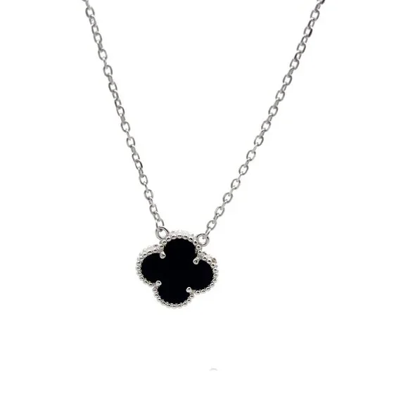 925 Sterling Silver Necklace 17 inches Chain Black Agate Clover Pendant - Picture 1 of 5